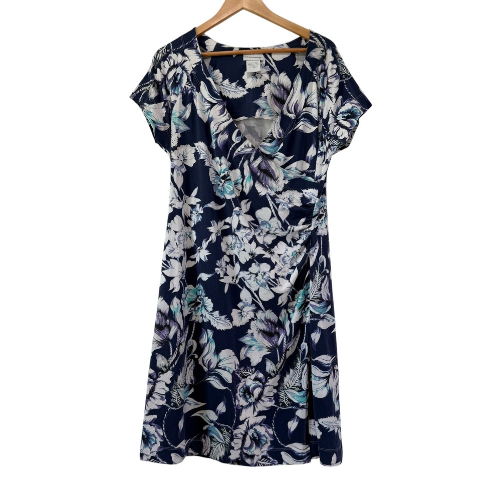 Soft Surroundings Shapely Anywhere Faux Wrap Dress Size L Blue Floral Tropical - Picture 2 of 8